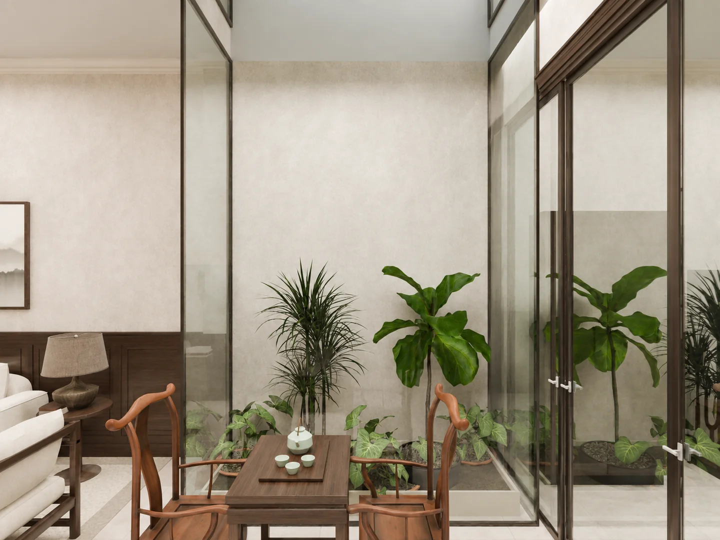 Phối cảnh nội thất — Sảnh trà và giếng trời kính