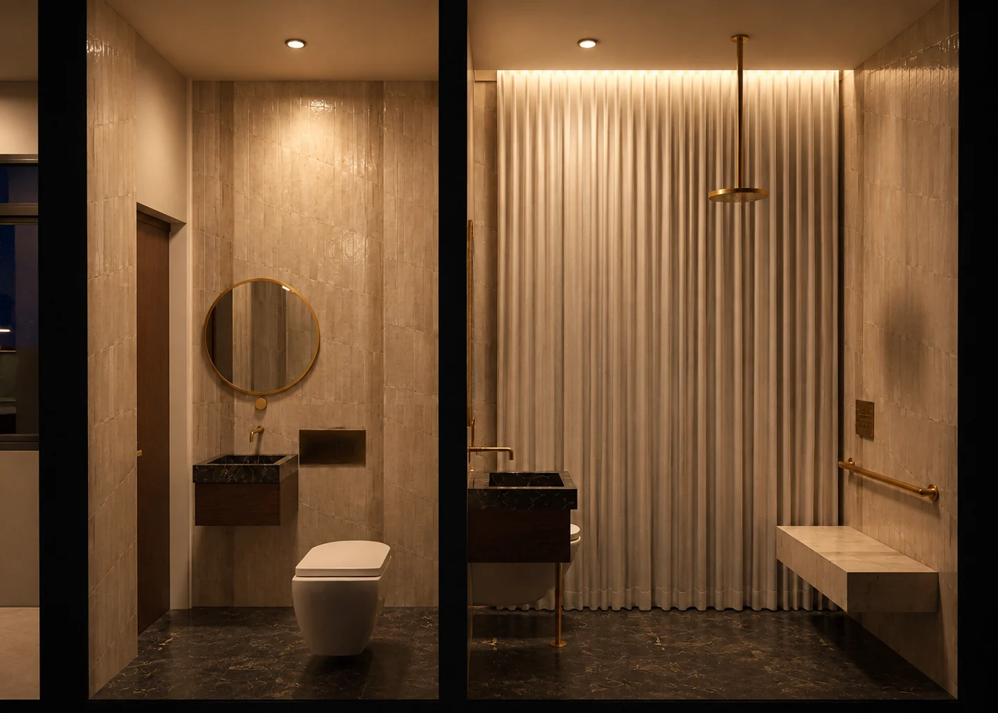 Phối cảnh nội thất — Mặt cắt phòng tắm riêng và WC khách